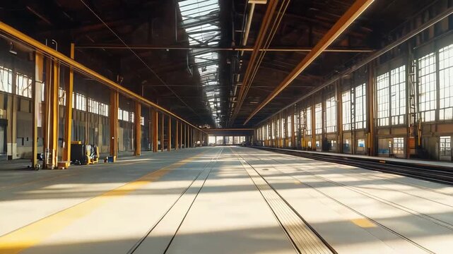 Large empty industrial hall featuring rails, tracks, and overhead crane structures, with natural sunlight streaming through numerous windows and a skylight roof