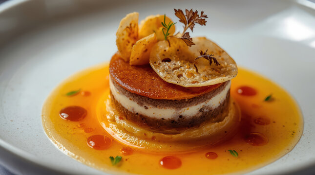 Caramelized layered dessert with creamy filling and citrus sauce, elegant plated presentation