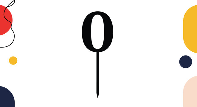 Black number zero pin or topper is displayed against a decorative background with various colorful abstract shapes.