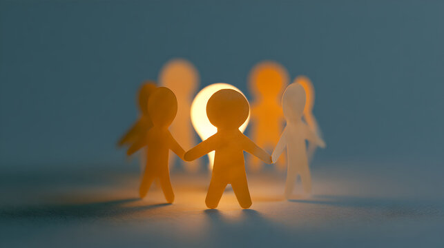 Glass Light Bulb Surrounded By A Circle Of Small Wooden Person Figures
