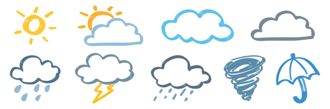 Cute weather doodle icon set with sun cloud rain storm tornado and umbrella hand drawn collection