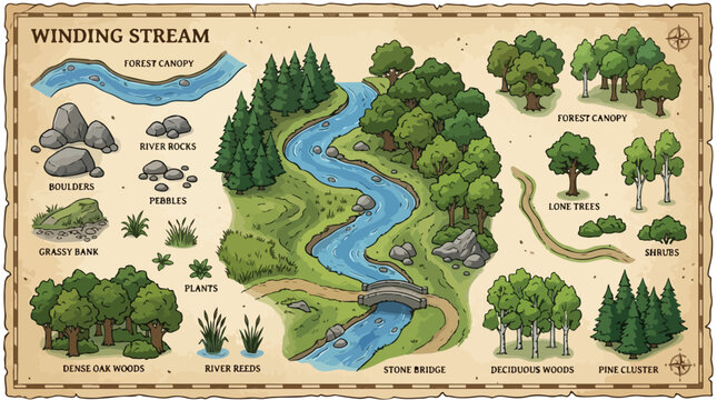 Vintage fantasy map assets, winding stream and forest landscape elements, isometric nature icons for tabletop gaming and world building