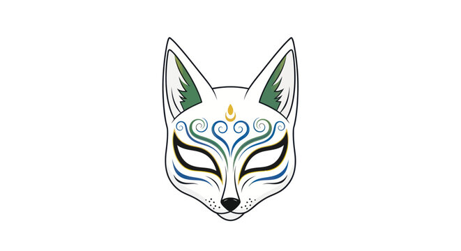 Mysterious Kitsune Mask with Swirling Blue and Green Patterns on White Background