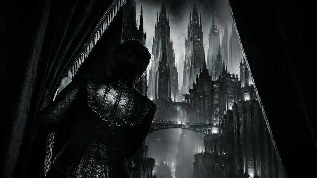 Mysterious woman gazing out of a dark window at a gothic fantasy city. Silhouette view of a dramatic architectural scene with heavy velvet curtains and intricate textures, cinematic atmosphere.