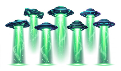 Seven ufos with green beams flying in the sky © MdRimon
