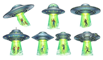 Ufo abduction collection diverse people being beamed up by flying saucers © MdRimon