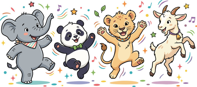 Cute Cartoon Dancing Elephant, Panda with Bow Tie, Lion Cub, and Goat with Stars and Confetti for Kids and Nursery Designs