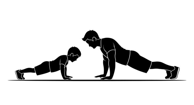 Father's Day, Dad, Vector, Black silhouette father son doing push ups, fitness vector illustration, exercise, workout, family , Happy Father's Day