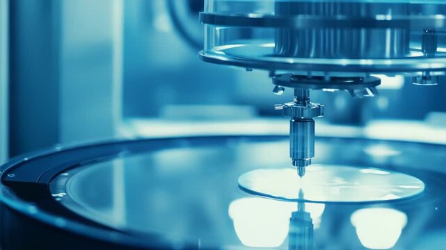 Advanced microchip manufacturing machine testing a silicon wafer, symbolizing cutting edge technology, research, development, and precision engineering in a cleanroom environment