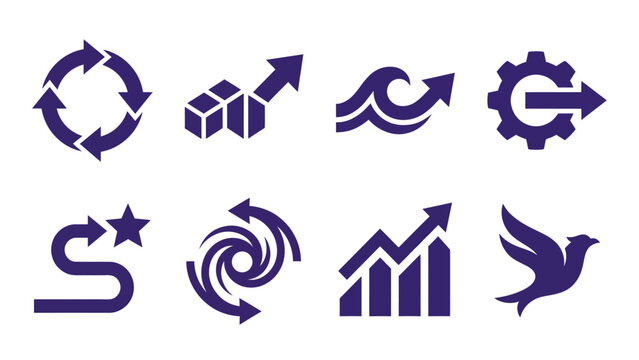 Set of eight blue vector icons representing concepts like recycling, growth, progress, and movement, suitable for business and environmental themes.