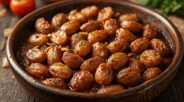 Glazed roasted baby potato with herbs and pine nut garnish, warm savory comfort