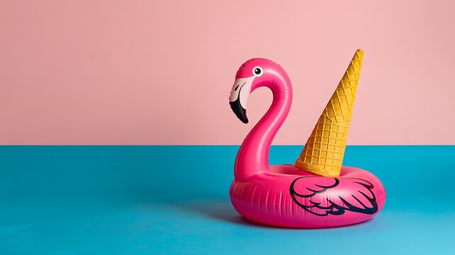 Pink flamingo float with ice cream cone on colorful background