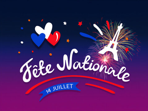 Colorful bastille day celebration with eiffel tower fireworks and french flag hearts illustration design