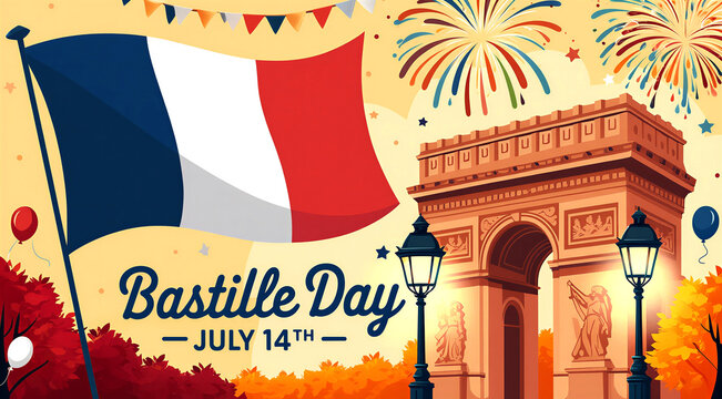 Colorful bastille day celebration with french flag fireworks and arc de triomphe illustration scene