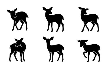 Fototapeta premium Set of Six Black Deer Silhouettes, Elegant Wildlife Vector Icons for Nature and Forest Designs, Minimalist Animal Graphics