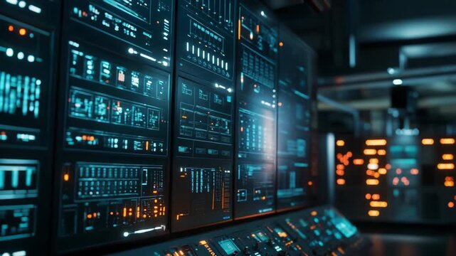 Server racks with glowing screens displaying complex data interfaces and analytics. Illustrating advanced technology. Artificial intelligence. And network infrastructure in a control room environment
