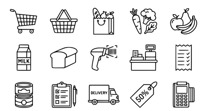 Minimal Grocery Shopping Line Icon Set Collection Vector