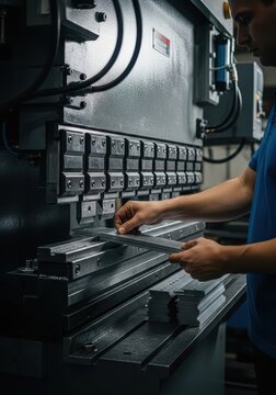 Professional Technician Using Heavy Hydraulic Press Brake for Metal Sheet Bending in Indus
