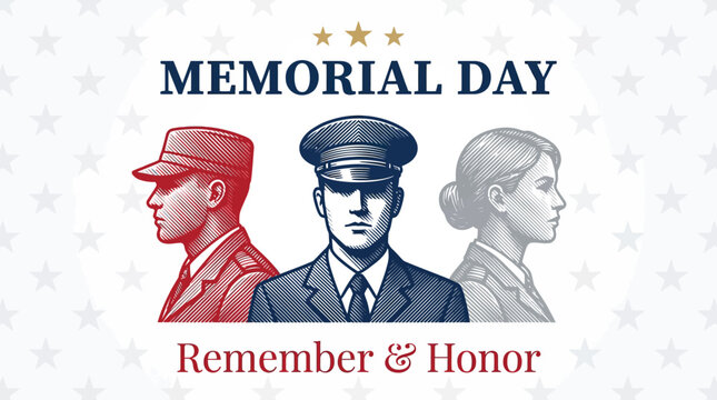 Soldiers in uniform stand in profile and front view as a respectful tribute for Memorial Day.