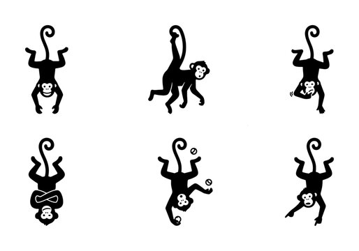 Playful Monkey Silhouettes, 6 Vector Icons Set, Fun Primate Poses, Jungle Animals Graphics, Black and White Cartoon Characters for Kids Designs