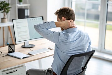 Naklejka premium Man sits at desk, hands on neck, showing strain