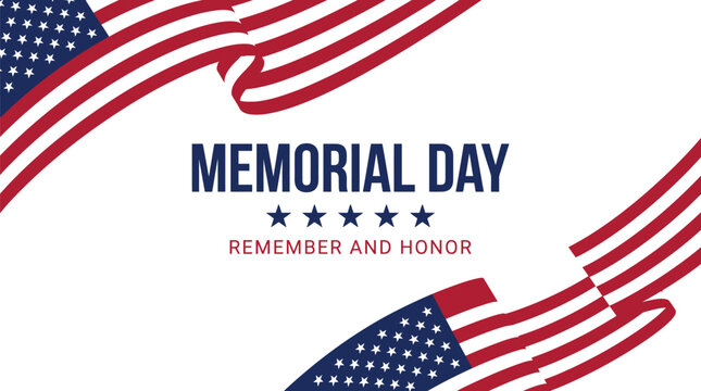 Memorial Day advertisement incorporates corner American flag ribbons and centered text on a clean white backdrop.