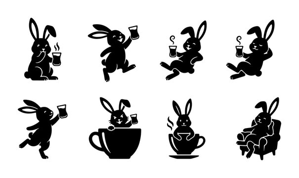 Cute Bunny Silhouettes: 8 Vector Icons for Coffee Lovers, Easter Graphics, and Whimsical Designs.  Adorable Rabbit Characters Enjoying Hot Drinks.