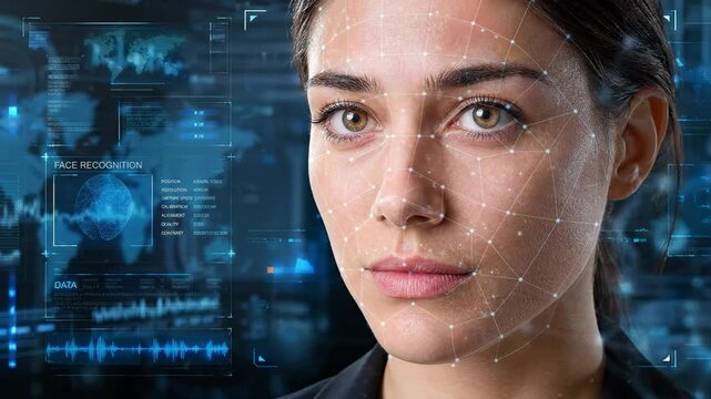 Advanced Biometric Face Recognition System with Digital UI Overlay and AI Scanning Technology for Identity Verification