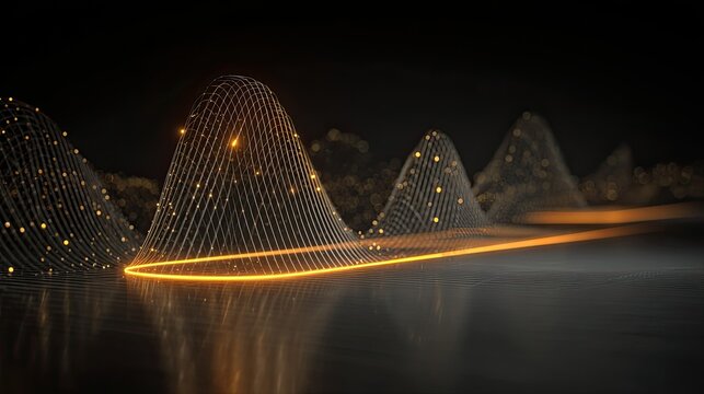 Illuminated abstract wave patterns rise above a dark reflective surface in a futuristic digital landscape.