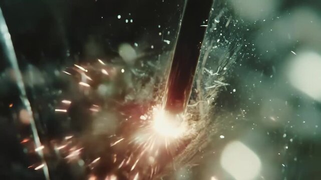 Metal tool contacting a surface, generating bright yellow sparks and flying fragments, illustrating friction, impact, and kinetic energy in an industrial or construction setting