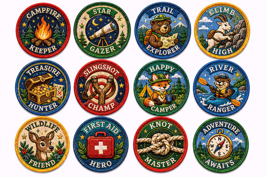 A collection of twelve colorful embroidered merit badges featuring various outdoor adventure and skill-based themes like camping, stargazing, and first aid.