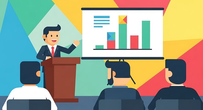 Businessman giving presentation to audience with bar chart on screen in meeting room with colorful geometric wall
