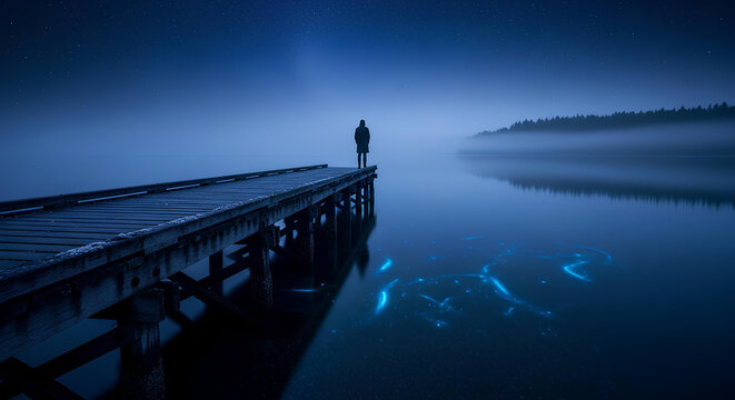 Solitary Traveler on Remote Wooden Pier at Night