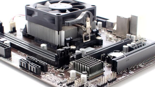 Close-up of the computer motherboard on a white background, revealing technological complexity in every detail.