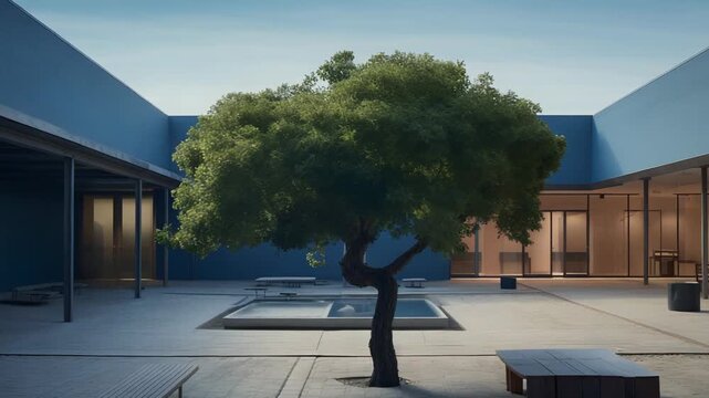 Blue walled minimalist courtyard featuring a single green tree, benches, and a small pool, creating a serene and reflective outdoor natural urban retreat