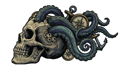 Vintage skull with octopus tentacles and nautical elements © colorshapppy