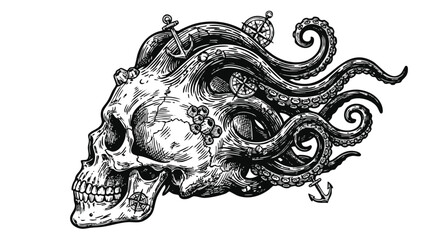 Intricate skull with octopus tentacles and nautical elements © colorshapppy