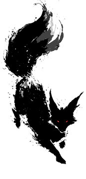 Illustration d'un kitsune, renard esprit japonais, en style encre sumi-e noire avec yeux rouges et grande queue touffue en mouvement, fond blanc isol&eacute;. Parfait pour branding, jeu vid&eacute;o, anime.