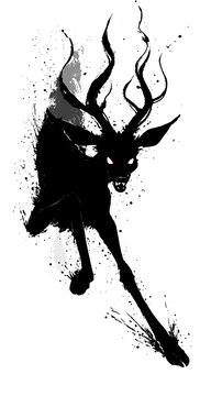 Illustration vectorielle d'un cerf yokai mal&eacute;fique en style encre de Chine sumi-e, silhouette noire avec yeux rouges lumineux et bois flamboyants, sur fond blanc isol&eacute;. Id&eacute;al pour tatouage irezumi.