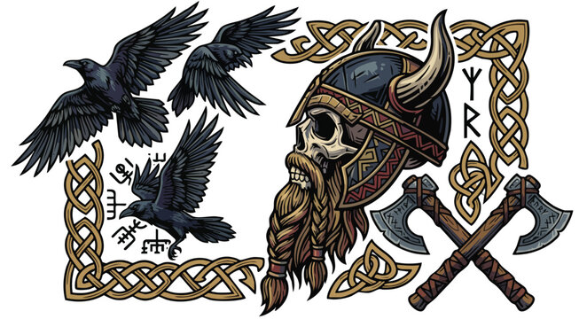 Viking skull with ravens and axes in Norse mythology theme