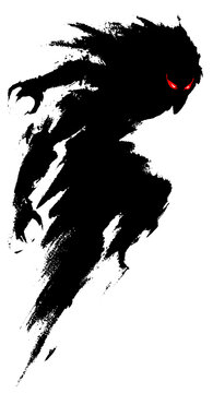 Black ink illustration of a Karasu Tengu, the crow demon from Japanese folklore, created in traditional sumi-e brush painting style. Solid black silhouette with glowing red eyes, sharp claws and ink .