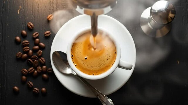 Espresso Pour - Aromatic Coffee Brewing in White Cup.