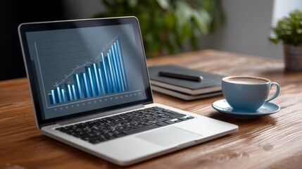 Fototapeta premium Modern workspace with laptop displaying financial growth chart, coffee cup, and notebook, showcasing productivity and business success in a tranquil environment