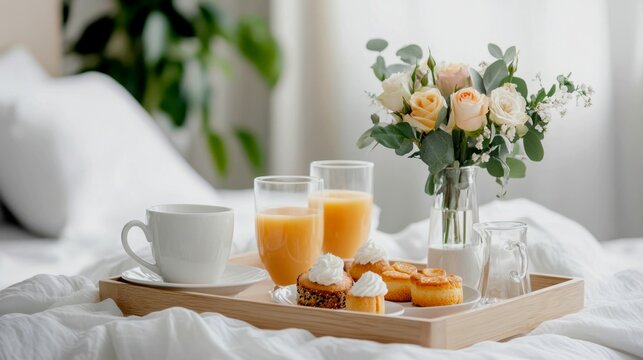 A beautiful wooden breakfast tray is set on a rumpled white bed with silk sheets