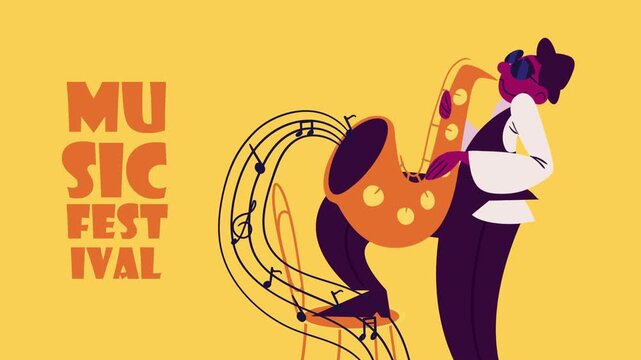 Music festival event animation featuring jazz saxophonist playing instrument with musical notes on yellow background.