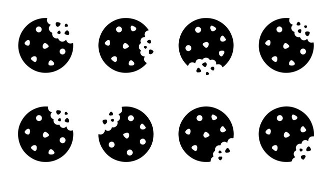 Bitten Chocolate Chip Cookies, Sweet Snack Icons, Delicious Dessert Vector Set, Black and White Food Graphics