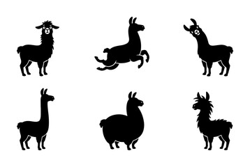 Llama Silhouette Collection, Six Vector Icons of South American Camelids in Various Poses, Black and White Animal Graphics for Design © MdShakil