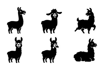 Six Black Silhouette Llama Vector Icons, Cute Alpaca Animal Graphics, South American Camelid Poses, Farm Livestock Illustrations, Whimsical Mammal Designs, Graphic Resource Set © MdShakil