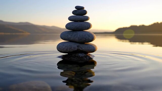 Serene landscape with stacked stones in water.