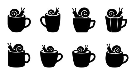 Cute Snail in Coffee Cup Icons, Set of 8 Black Vector Illustrations, Whimsical Morning Beverage and Gastropod Graphics © Hasan